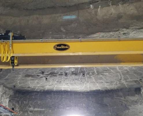 A top-running, double girder overhead bridge crane installed in an underground U.S. Gypsum Company Shoals Mine in Indiana