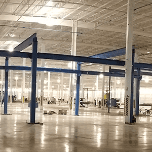 Blue, freestanding runway system by CraneWerks