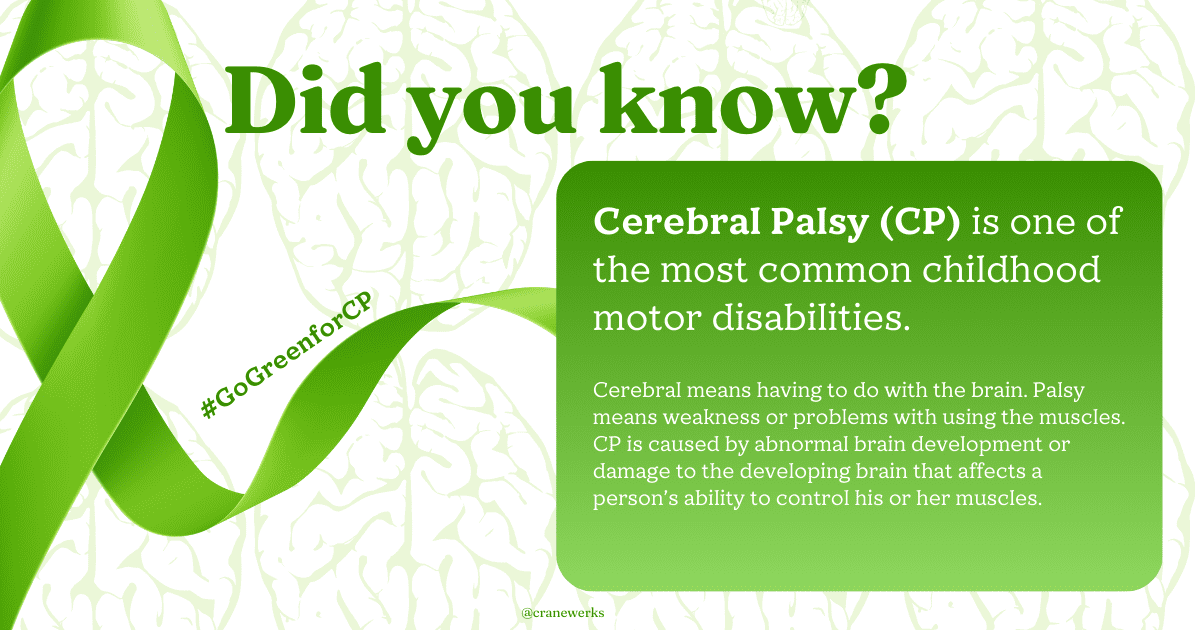 Green ribbon graphic with green text, "Did you know? Cerebral Palsy (CP) is one of the most common childhood motor disabilities. Cerebral means having to do with the brain. Palsy means weakness or problems with using the muscles. CP is caused by abnormal brain development or damage to the developing brain that affects a person's ability to control his or her muscles. @cranwerks," on top of a white background with another graphic of a brain outlined and overlayed across the image