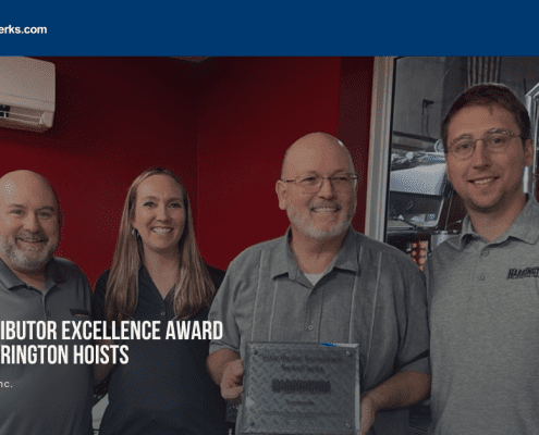 CraneWerks is presented their 7th Distributor Excellence Award by Harrington Hoists. (L to R): Brett Kunin, Ashley Larochelle, Dave Sims, and J.J. Politis