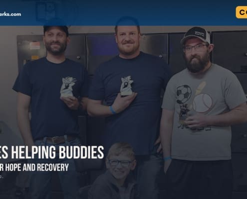 Ryan Wolfe of Service Crane Company with his family and Matt Riddle of Harriman Material Handling bowling at Blue River Bowl in Shelbyville, IN for Buddies Helping Buddies' first annual Strikes for a Cause fundraiser event sponsored by CraneWerks, Inc. of Morristown, IN.