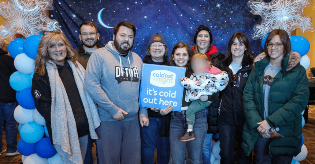 Mary Apple, Thomas Miller, Joey Shepherd, Susan Allen, Jordan Smith, Ashley Larochelle, Nicole Hornaday, and Stephanie Hornaday representing the CraneWerks team at The Bridge's Coldest Night of the Year hosted in Shelbyville, Indiana.